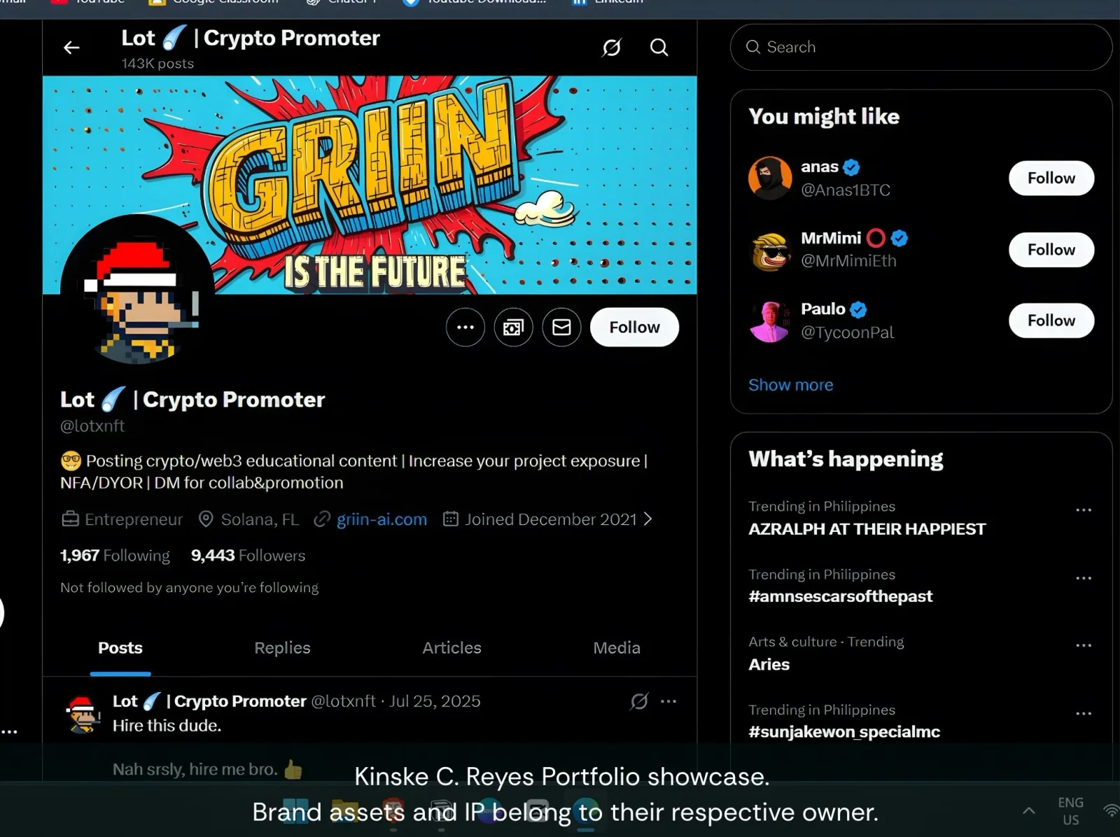 Griin AI public X profile screen used in the social media case study